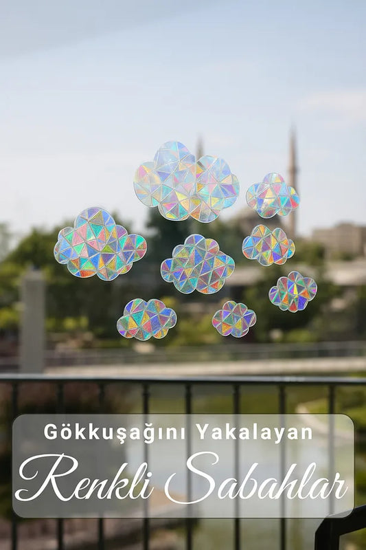 Gökkuşağı Efektli Cam Sticker – (8'li) Bulut Stickerlar